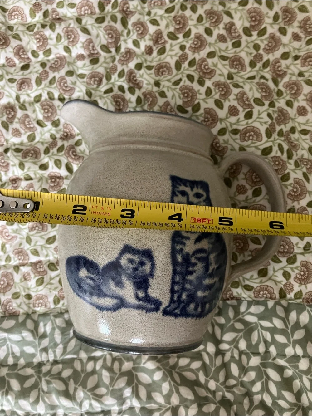 Stoneware type 6” pitcher with blue cat design